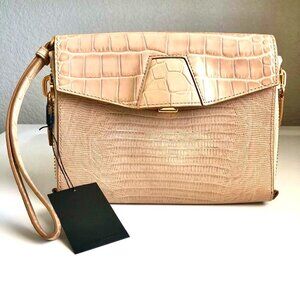 NWT ALEXANDER WANG Lydia Bag Croc Embossed Leather Clutch Bag Almond MSRP $650